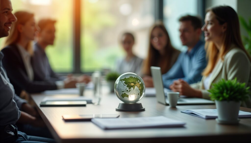 Business people sit in meeting discussing eco-friendly tech. Team focused on eco-goals for company. Innovative strategies for reducing carbon footprint in conference room. Global awareness. People